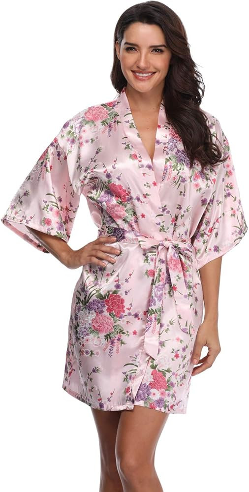 Women's Floral Short Satin Bridesmaid Robes Silky Bride Robes Getting Ready | Amazon (US)