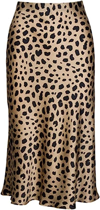 Women Leopard Print Skirt High Waist Hidden Elasticized Waistband Midi Skirts | Amazon (UK)