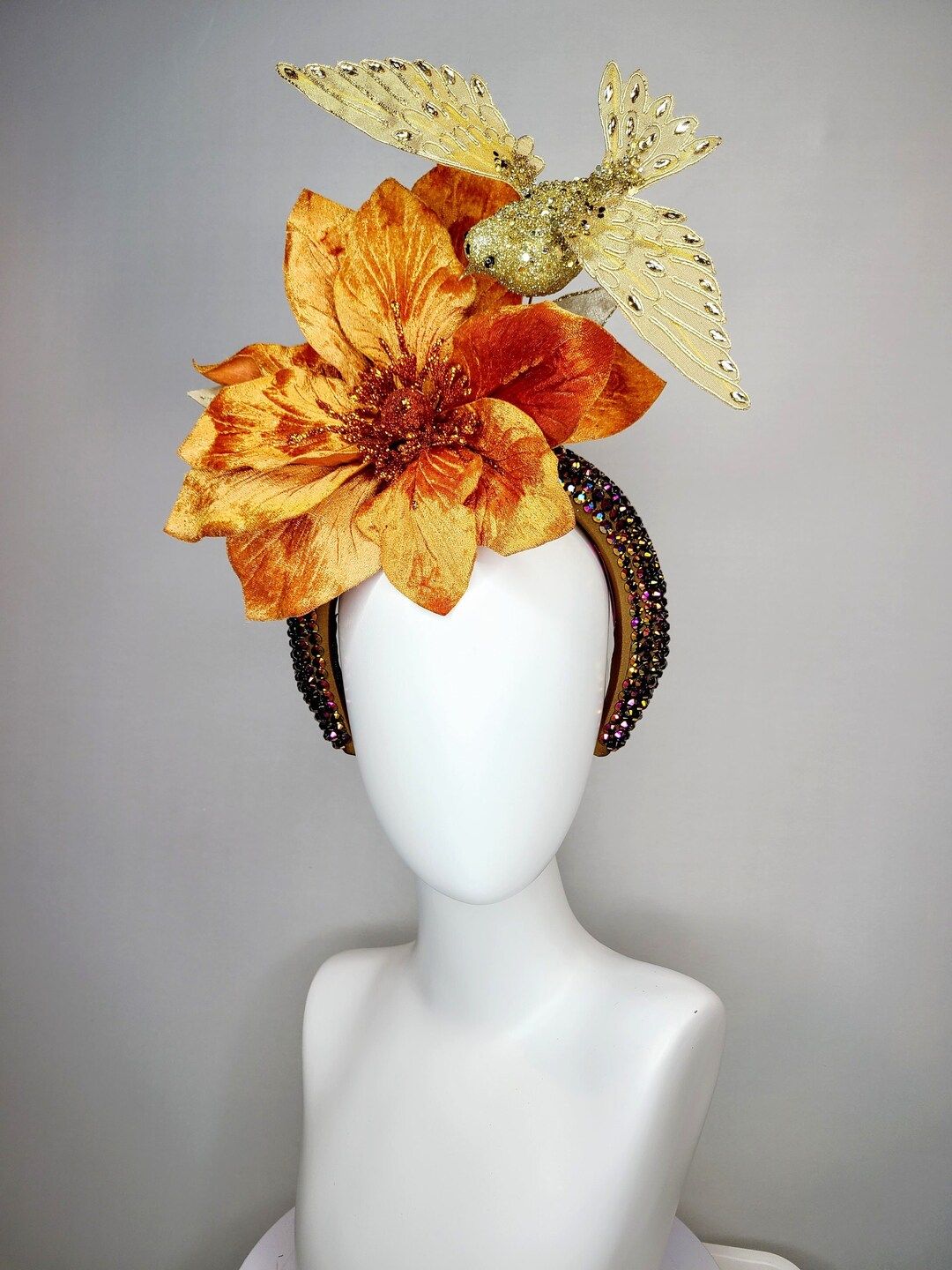 kentucky derby hat fascinator brown swarovski crystal headband velvet bright orange rust flower g... | Etsy (US)