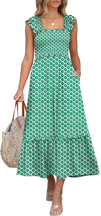 ANRABESS Womens Summer Sleeveless Maxi Dress Square Neck Smocked Boho Casual Ruffle Strap Flowy A... | Amazon (US)