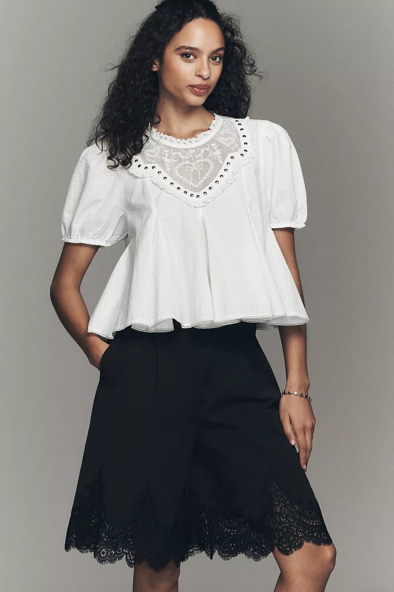 By Anthropologie Pleated Lace-Hem Knee-Length Shorts | Anthropologie (US)