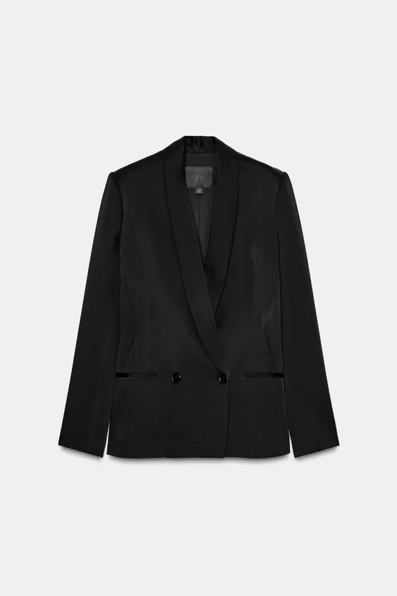 ZARA WOMAN COLLECTIONSatin effect blazer with a tuxedo collar and long sleeves. Faux welt pockets... | Zara US
