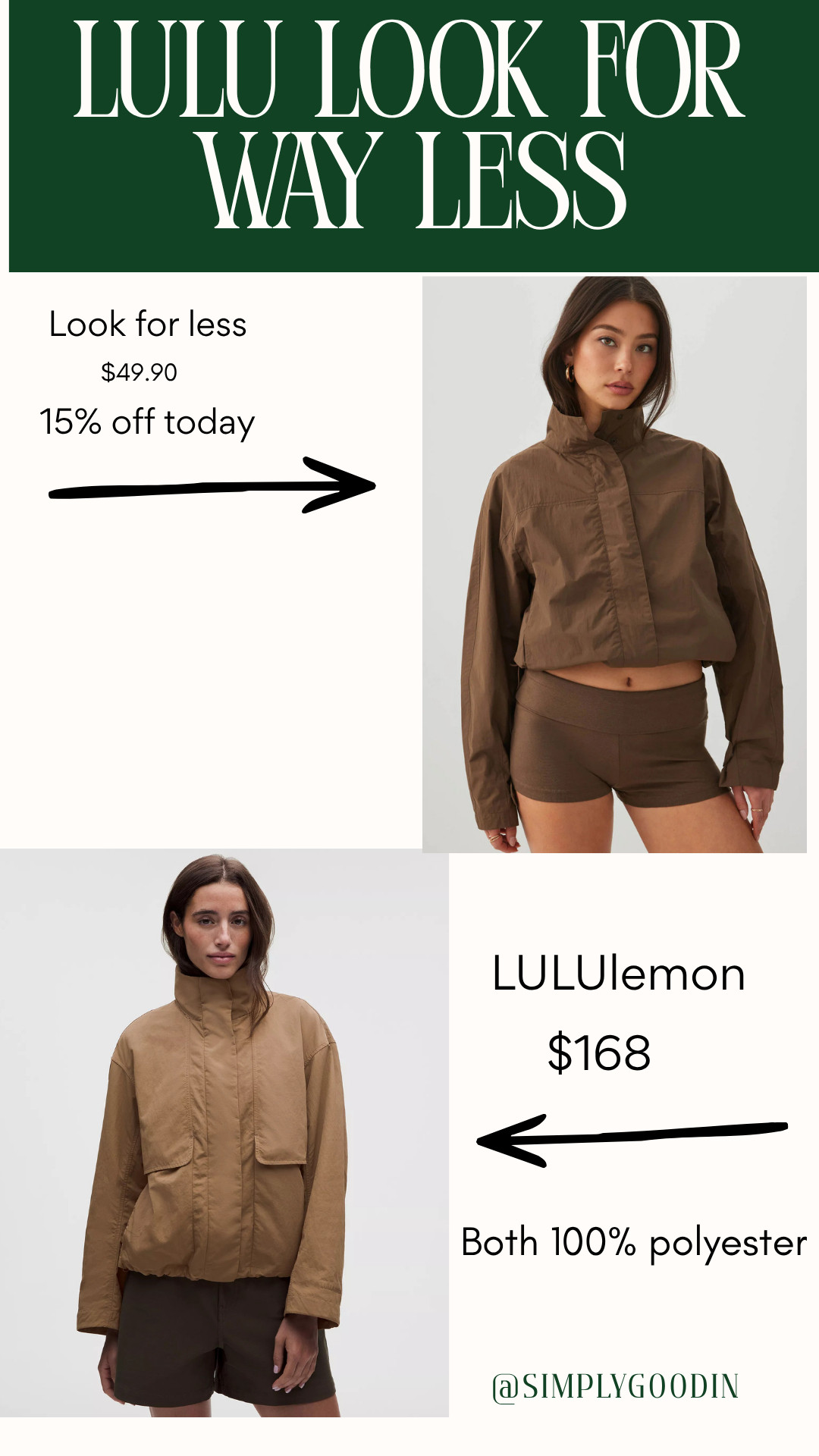 Lululemon Look for Less — save $118

Love the Lululemon jacket but not the $168 price tag? I found a very similar look for $49.90 — and it’s 15% off today.

Both are 100% polyester and have that same lightweight, minimal, everyday jacket look.

Shop the look-for-less find through my LTK.

#lululemon #lululemondupe #lululemonlookforless #lookforless #affordablefashion #fallfashion #amazonfinds #fashionfinds #styleover40 #casualstyle 

 #LTKcanada #LTKfall #LTKfitness