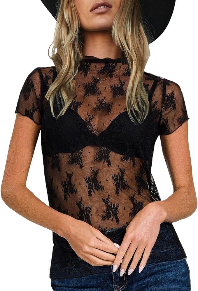 Sheer Mesh Short Sleeve Layering Top for Women Mock Neck Floral Lace Tshirt See Through Tee Shirt... | Amazon (US)