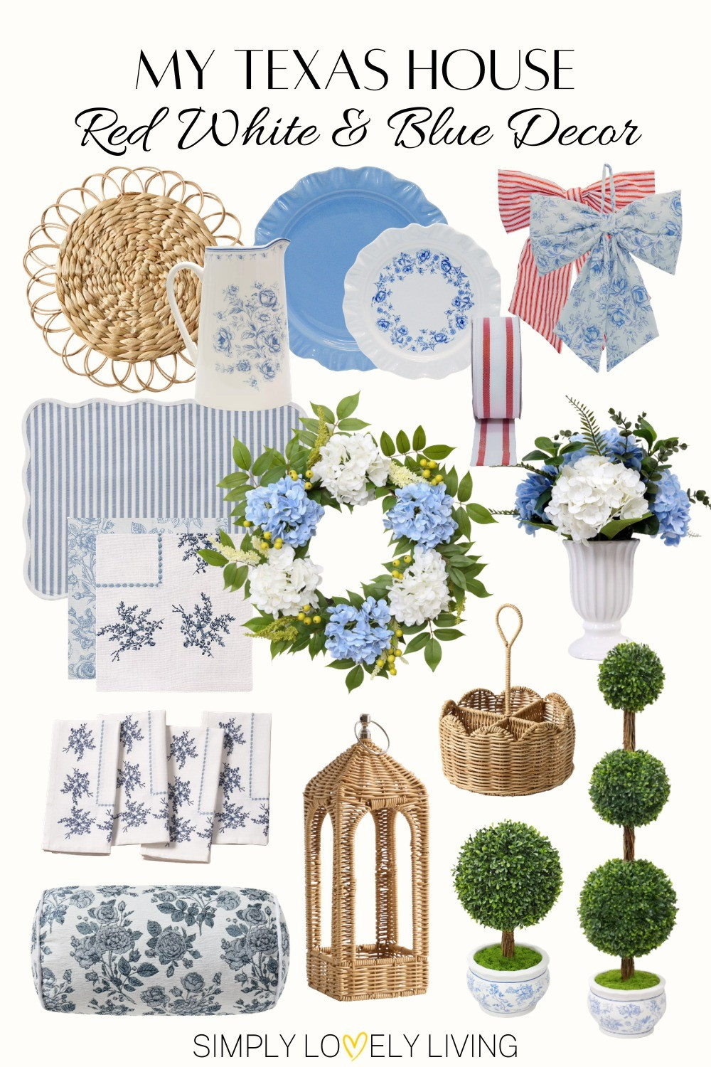 Red white and blue finds at Walmart. Memorial Day and 4th of July decor. Summer decor. Blue and white floral decor. Red and white stripes. Realistic hydrangeas.  Plates, pitcher, table runner, napkins, caddy, table placemats and more, perfect for hosting this Summer! Floral wreath. Summer wreath. Faux topiary. #redwhiteandblue #summer

#LTKSeasonal #LTKHome
