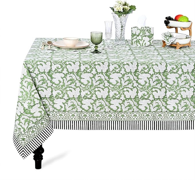 Ridhi Hand Block Print Sage Green Rectangle Cotton Tablecloth 108" x 60" Reusable Table Cover Dec... | Amazon (US)