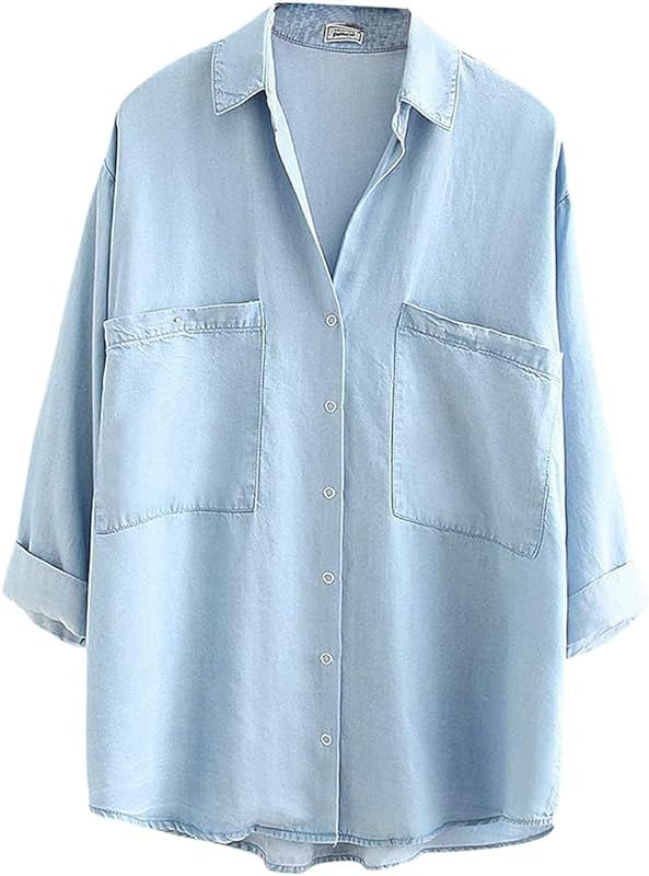 Women's Soft Tencel Denim Shirts Casual 3/4 Sleeve Button Down Blouses | Amazon (US)