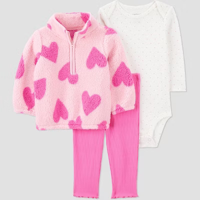 Carter's Just One You® Baby Girls' 3pc Heart Fleece Sweatshirt with Long Sleeve Bodysuit and Leg... | Target