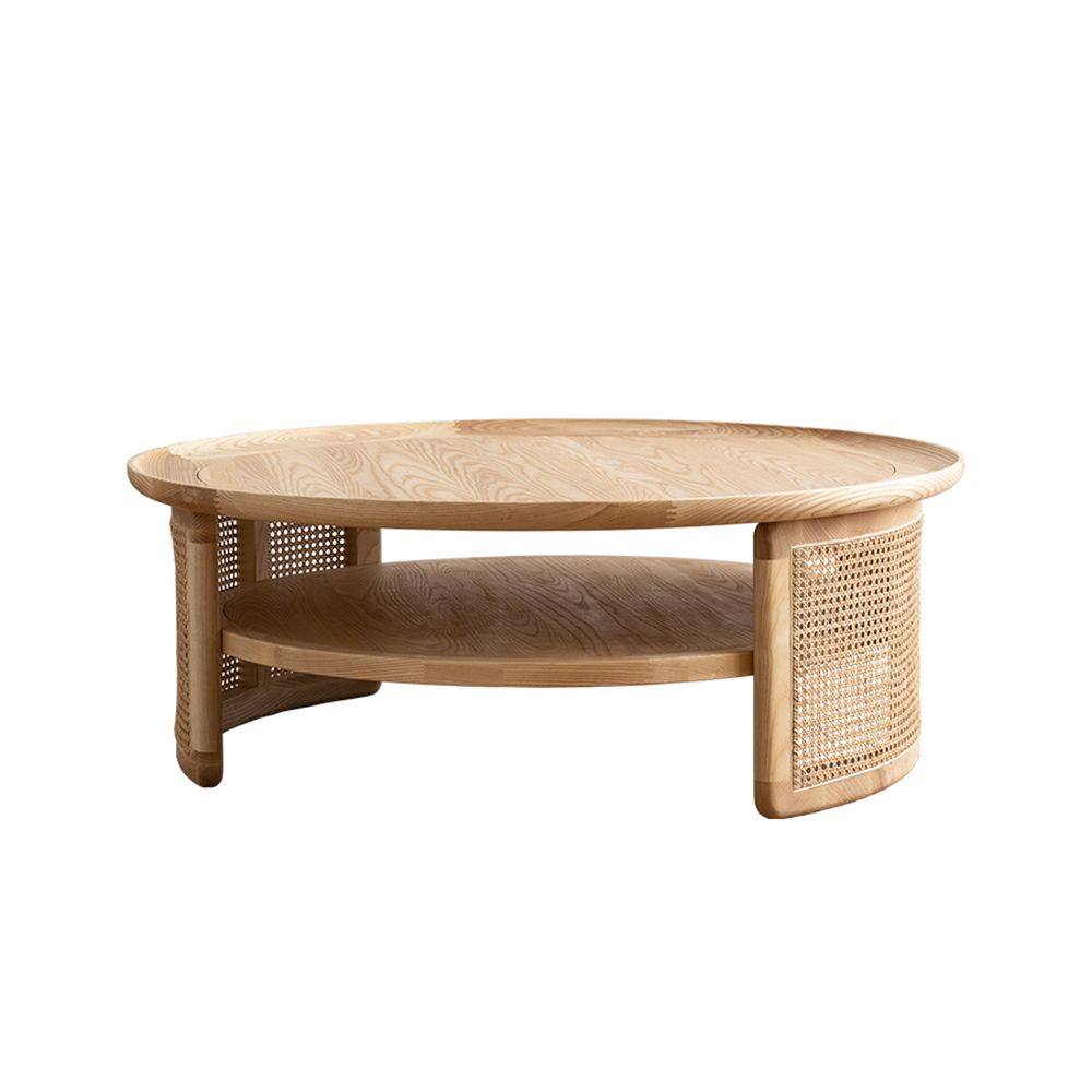 2-Tiered Modern Round Wood Coffee Table with Rattan Base-Homary | Homary.com