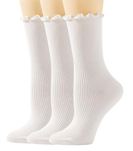YASIDI Women's Ruffle Ankle Socks, Soft Cotton Crew Socks (Cotton, 3 Pairs-White) | Amazon (US)