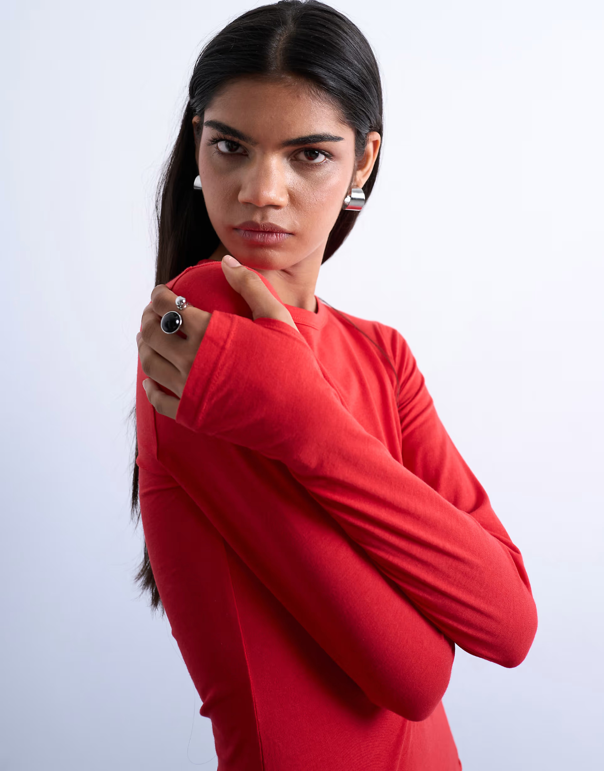 Topshop long sleeve crew neck superfine top in red | ASOS | ASOS (Global)