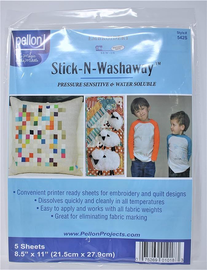 Pellon, White, Stick-N-Washaway Stabilizer, 8.5 by 11-Inch, 5-Pack | Amazon (US)