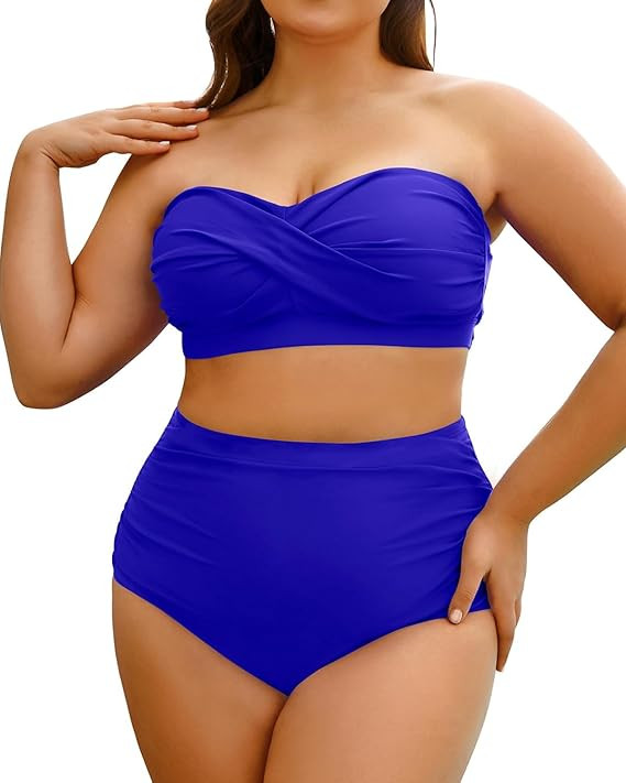 Yonique Women Plus Size Two Piece Swimsuits High Waisted Bathing Suits Bandeau Bikini Tummy Contr... | Amazon (US)