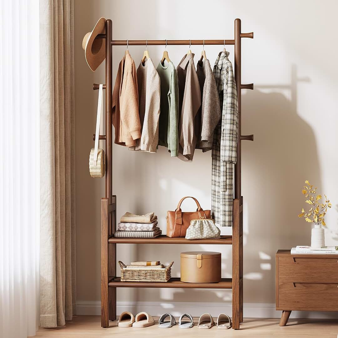 Solid Wood Clothing Rack with Shelves - Coat Rack Freestanding with 6 Hooks, 3-in-1 Hall Tree for Hanging Clothes, Tall Garment Racks with Storage for Bedroom, Entryway, Living Room, Closet | Amazon (US)