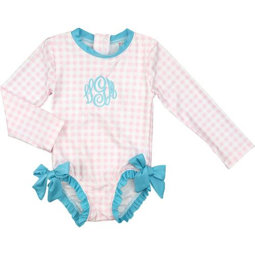 Pink And Blue Check Lycra Rashguard Swimsuit | Cecil and Lou