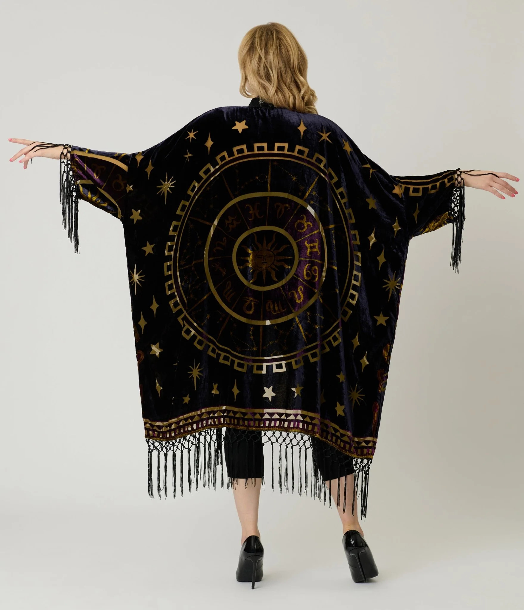 Unique Vintage Purple & Gold Velvet Zodiac Fringe Kimono | Unique Vintage - North America