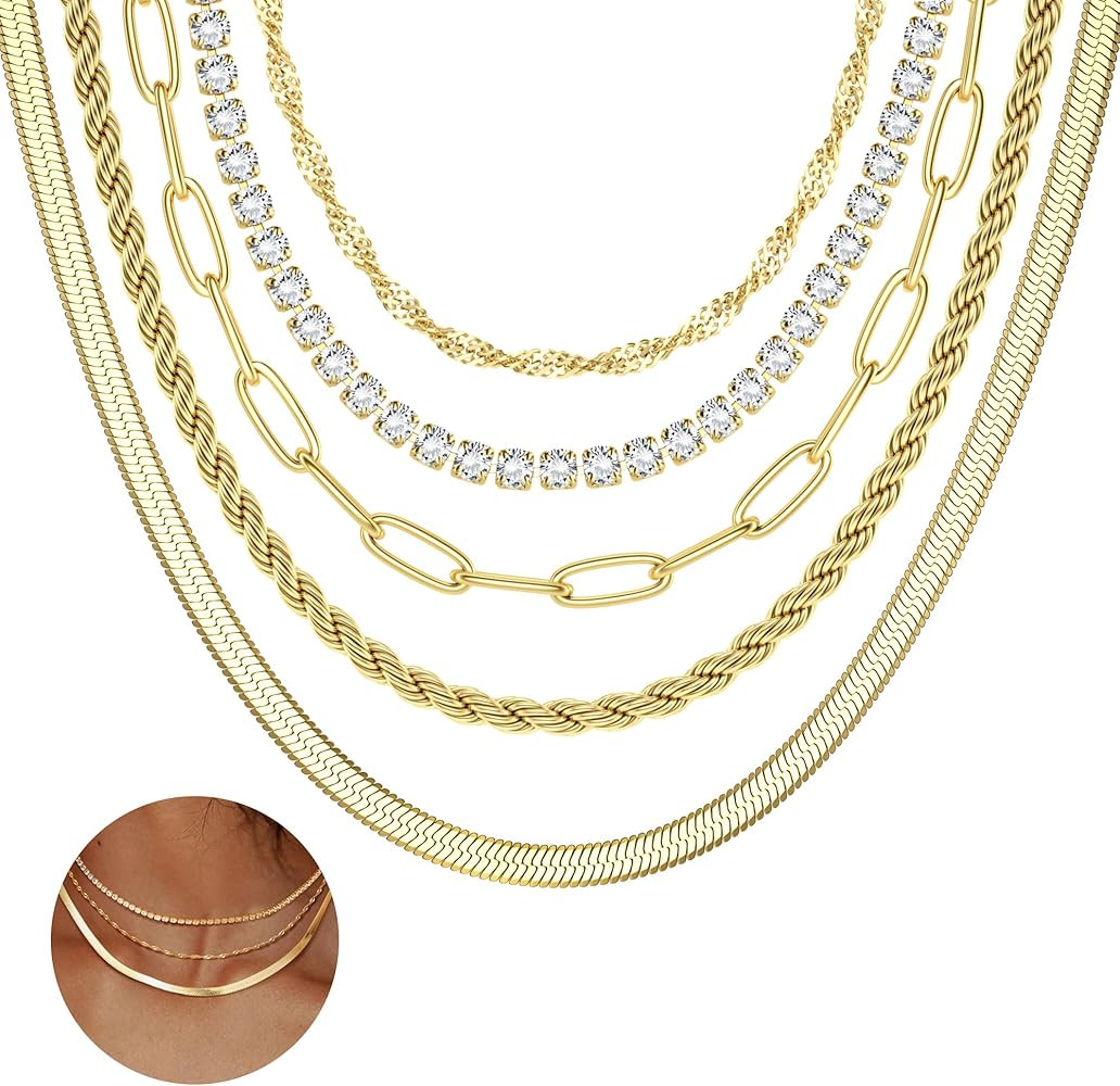 ORAZIO Gold Layered Necklaces for Women 14k Gold Plated Herringbone Necklace Dainty Snake Papercl... | Amazon (US)