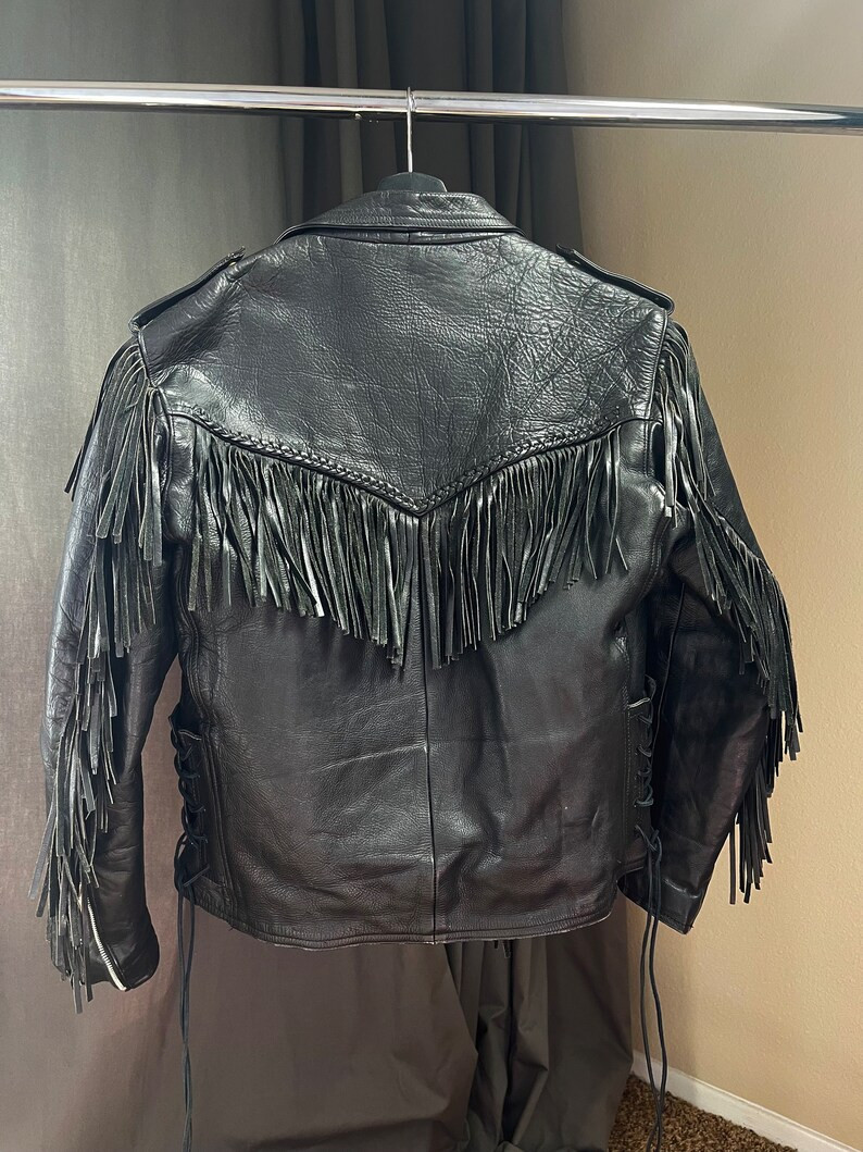 Black Vintage Fringe Leather Jacket - Etsy | Etsy (US)