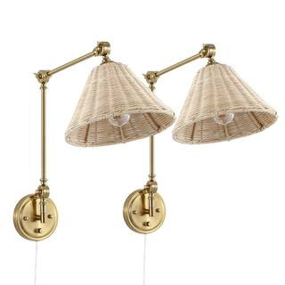 Brass with Rattan Lamp Shade Swing Arm Wall Lamp (Set of 2) | The Home Depot