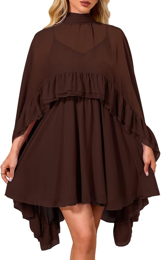 Kaei&Shi Women Chiffon Cape Ruffle Mini Dress Sheer Overlay | 2-Piece Set, Adjustable Straps V-Ne... | Amazon (US)