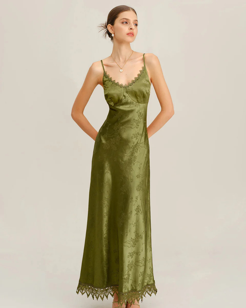 Green Jacquard Corset Slip Maxi Dress | rihoas.com