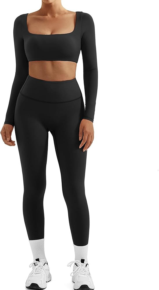 SUUKSESS Women 2 Piece Workout Sets Compression Tummy Control Leggings with Pockets Long Sleeve S... | Amazon (US)