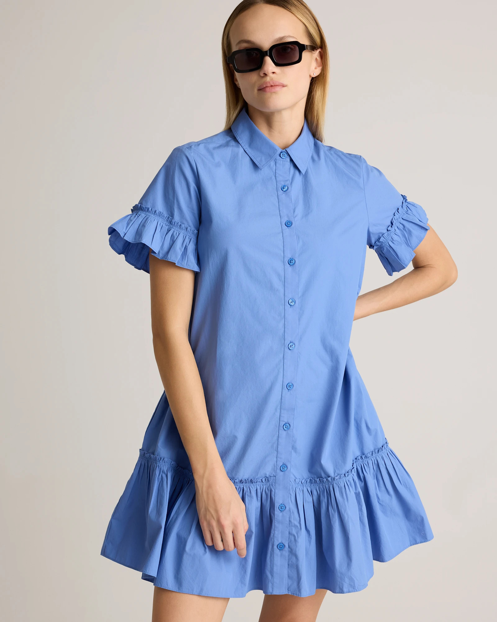 100% Organic Cotton Poplin Short Sleeve Ruffle Shirt Dress in True Blue | Quince