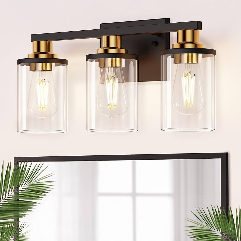 Bathroom Light Fixtures, 3-Light Black and Gold Bathroom Lights Over Mirror with Clear ... | Amazon (US)