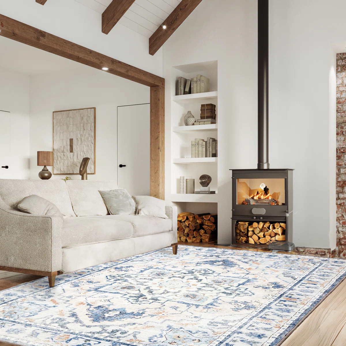 Machine Washable Area Rug, Oriental Ivory/Blue Area Rug With Non-Slip Backing For High Traffic Ar... | Wayfair North America