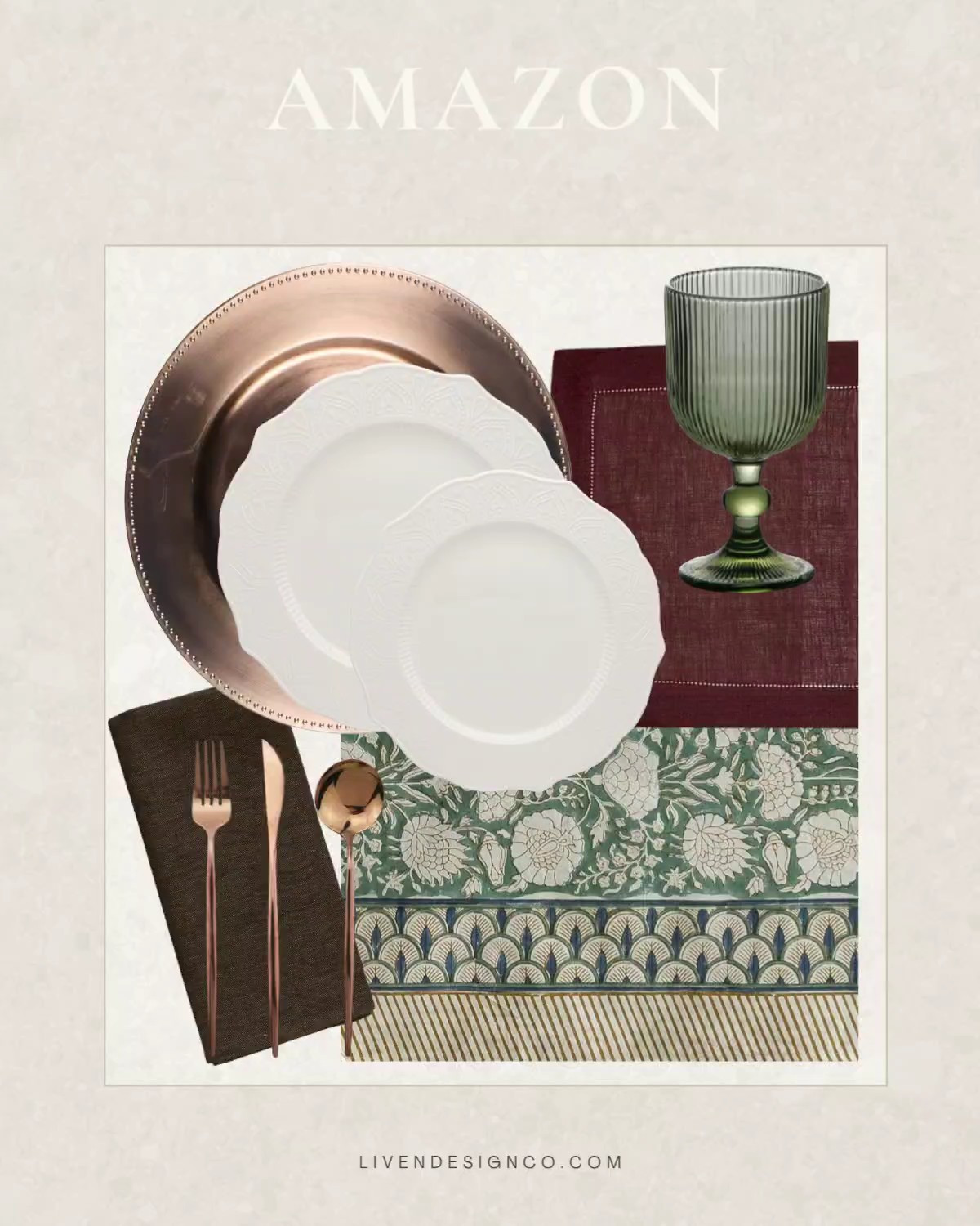 Amazon Christmas dining.   Christmas table setting. Tablescape. Tablecloth. Dinnerware. Copper plate chargers. Green glasses

#LTKHoliday #LTKSeasonal #LTKHome