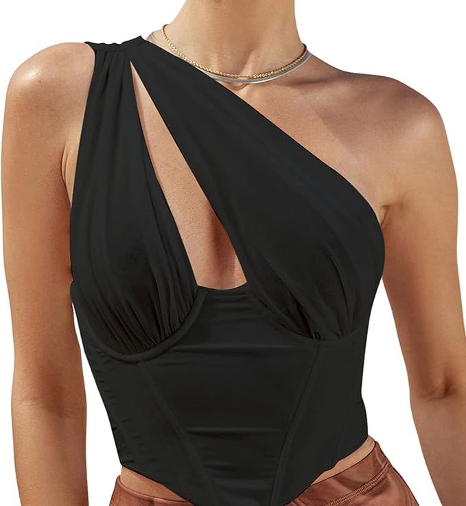 One Shoulder Ruched Crop Top Women’s Sleeveless Solid Color Tucked One Strappy Tank Slant Colla... | Amazon (US)