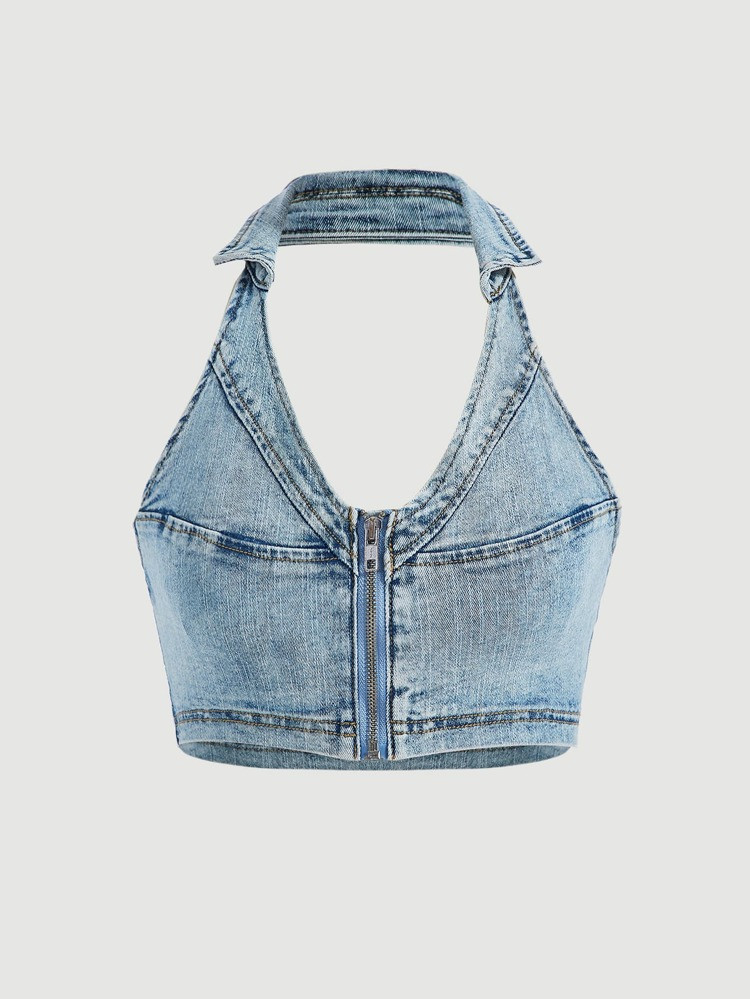 SHEIN MOD Zip Up Backless Halter Denim Top | SHEIN