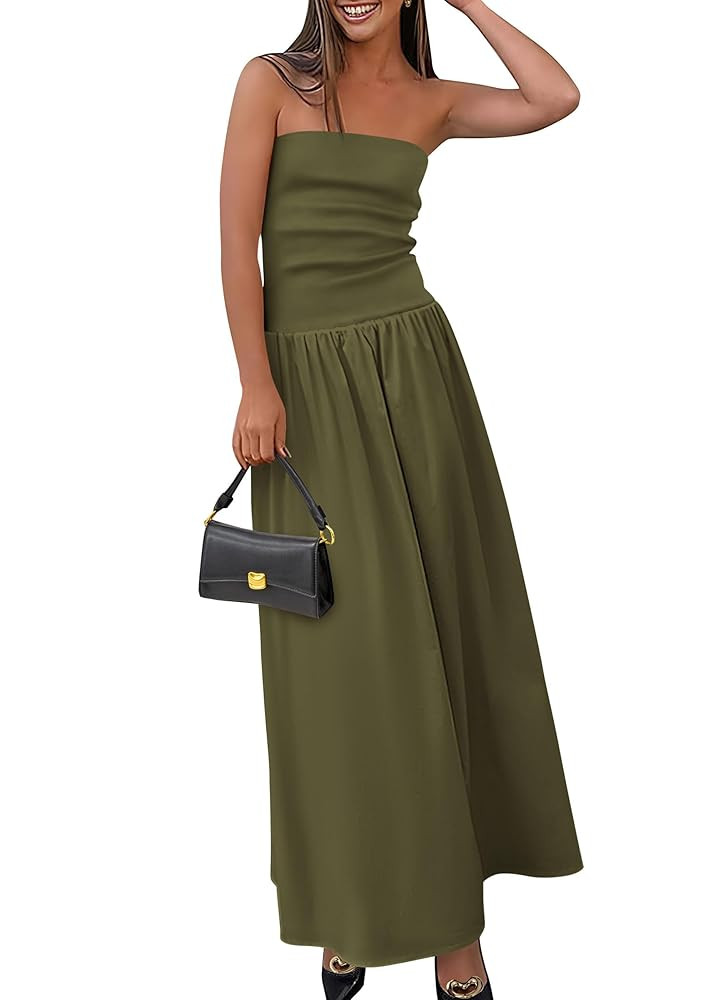 PRETTYGARDEN Women's 2025 Spring Strapless Maxi Dresses Patchwork Long Flowy Pockets Elegant Goin... | Amazon (US)