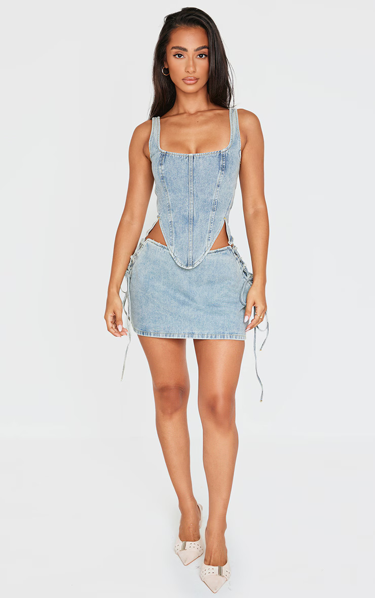 Petite Vintage Wash Denim Lace Up Mini Skirt | PrettyLittleThing US