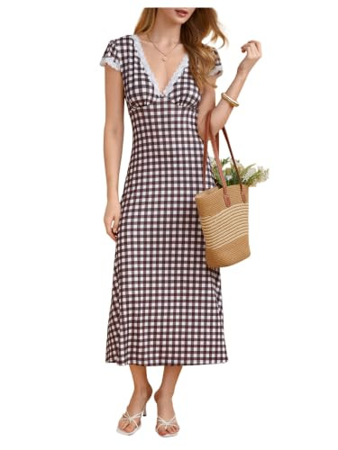 Milumia Women's Polka Dots Lace Trim V Neck Dress Short Sleeve Long Dresses | Amazon (US)
