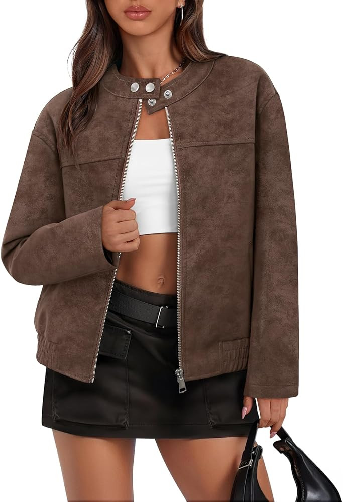 MEROKEETY Women's 2025 Faux Suede Bomber Jackets Trendy Long Sleeve Zip Up Fall Winter Coat Outer... | Amazon (US)