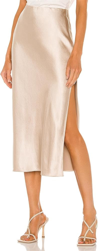 BOMAROLAN Women's Satin Midi Skirt High Waist Solid Silky Skirts for Women Elasticized Waistband ... | Amazon (US)