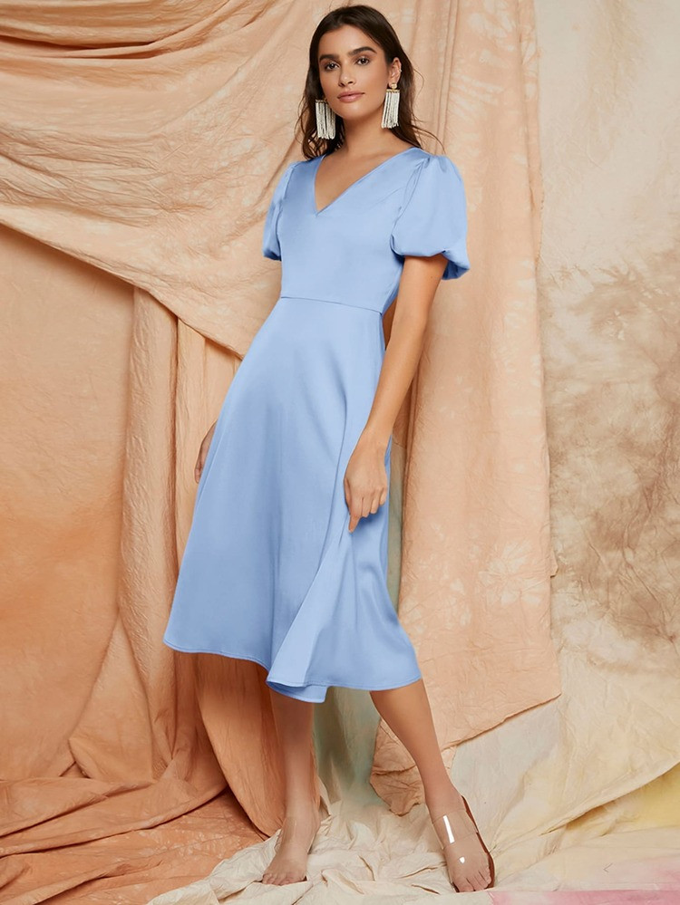 SHEIN Puff Sleeve Solid Satin Dress | SHEIN