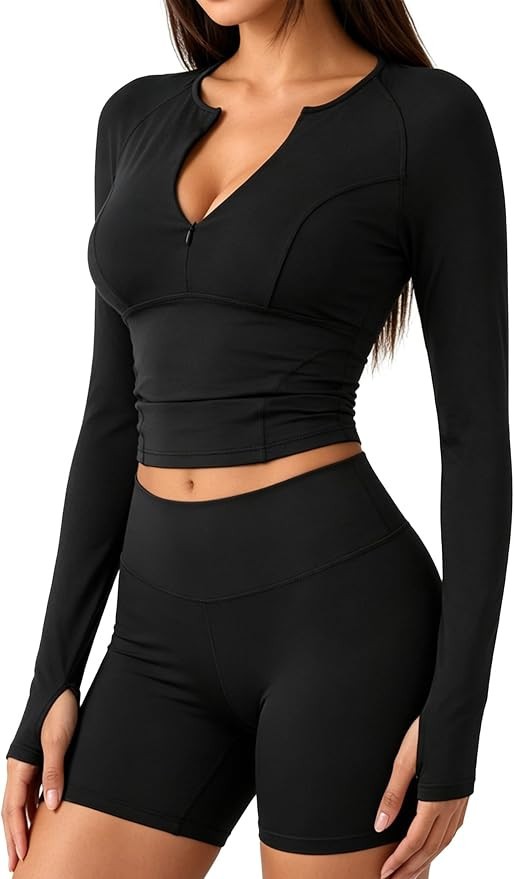 Hilinker Women's Long Sleeve Workout Crop Top Half Zip Fitted Yoga Athletic Shirt with Thumb Hole... | Amazon (US)