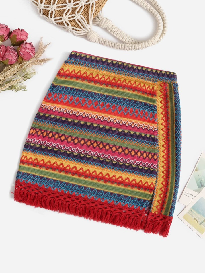 SHEIN WYWH Chevron Embroidery Fringe Trim Split Hem Skirt | SHEIN