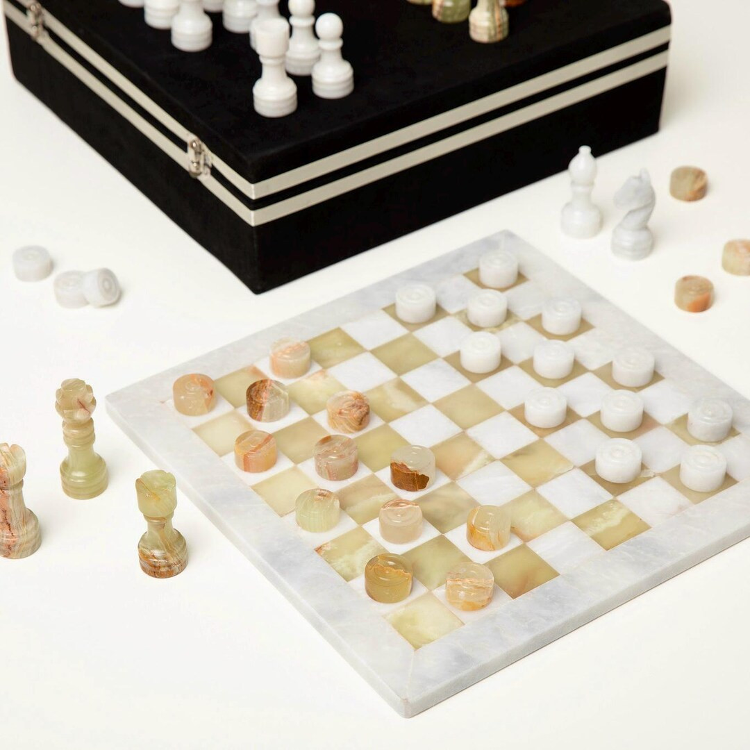 Handmade Green Onyx Marble Chess and Checkers Set With Velvet Box - Etsy | Etsy (US)