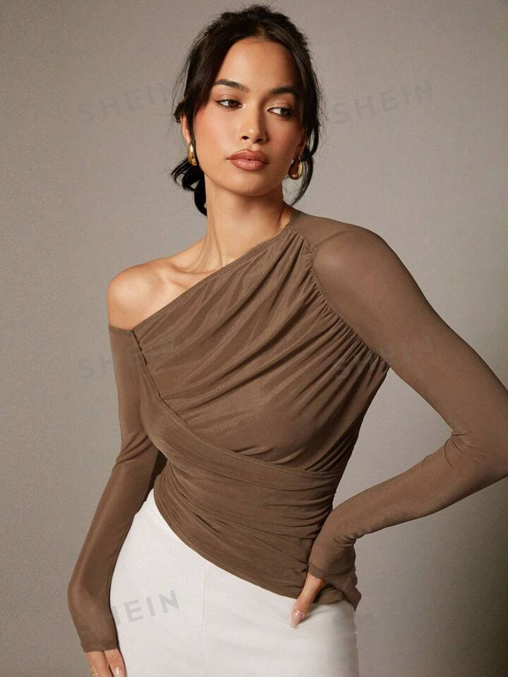 SHEIN BAE Khaki One Shoulder Pleated Mesh Long Sleeve Women's Top | SHEIN