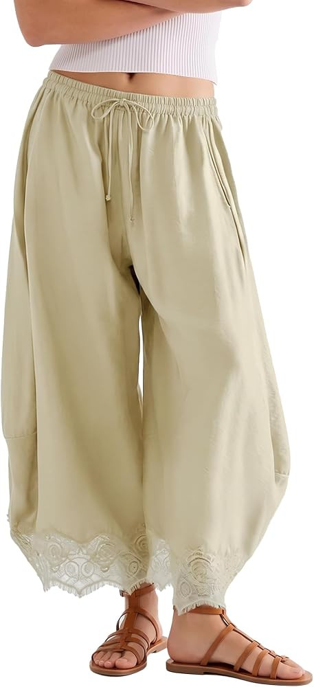 SeeLuNa Comfy Women's Pants Cropped Lace Hem Pants Summer Boho Drawstring High Rise Wide Leg Loun... | Amazon (US)