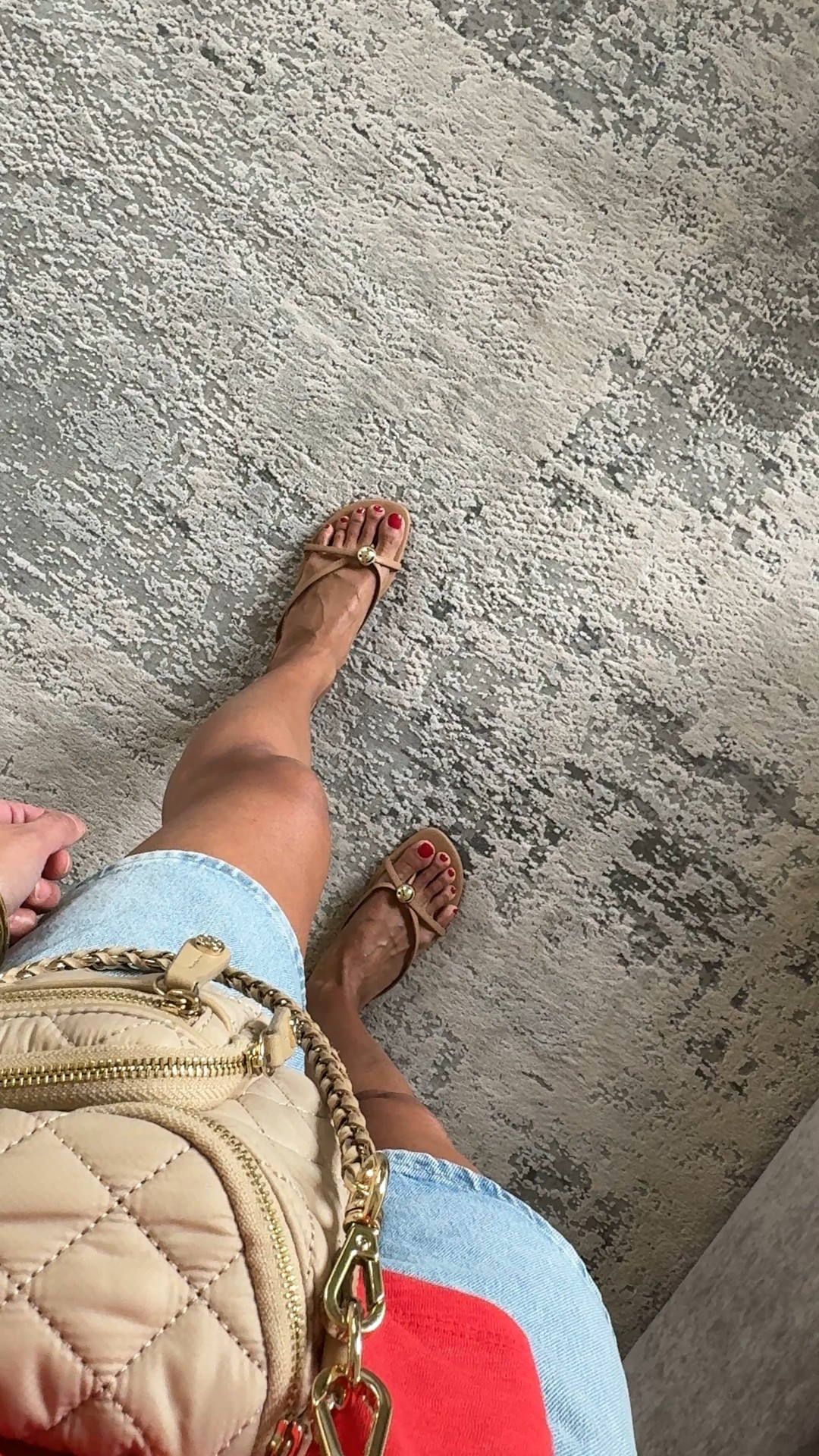 Summer outfit. 
Flat sandals that go with everything. Also come in black. Size up if in between. 
Looser and longer denim shorts. Size up if in between. 
Mini bag comes with 3 straps. I used it as a travel bag on vacation. 
Elevated t-shirt top. 
Gold tone bracelet stack  

#LTKItBag #LTKOver40 #LTKFindsUnder100