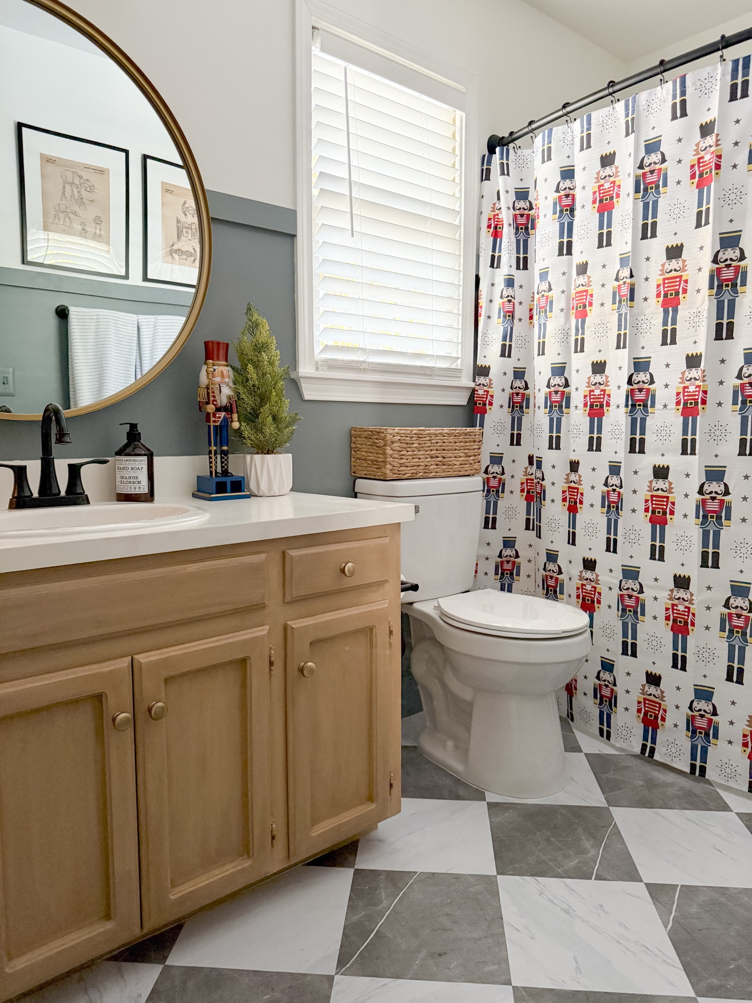 My boys bathroom decorated for Christmas on a nutcracker theme. 

Just a few simple additions to make a space feel festive.🎄

Exact Nutcracker and tree are from Hobby Lobby.

Stars are from Target at few years ago.

Walls: 
upper- BM Chantilly lace
Lower- Behr Juniper Ash

All the details only boys bathroom are in my blog: www.mydiyhappyhome.com 


#LTKKids #LTKSeasonal #LTKHoliday