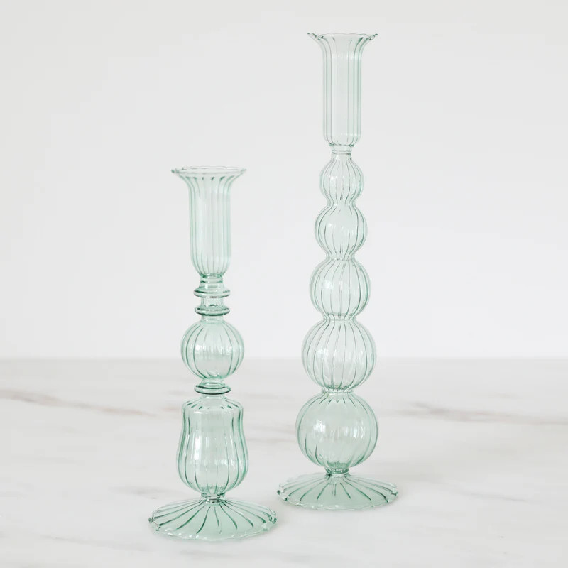 Light Green Glass Candlestick Holders | Jansen Home