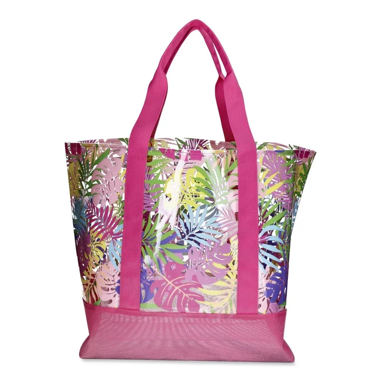 No Boundaries Women's Vinyl Beach Tote Bag with Mesh Bottom, Radiant Fuchsia Leaf | Walmart (US)