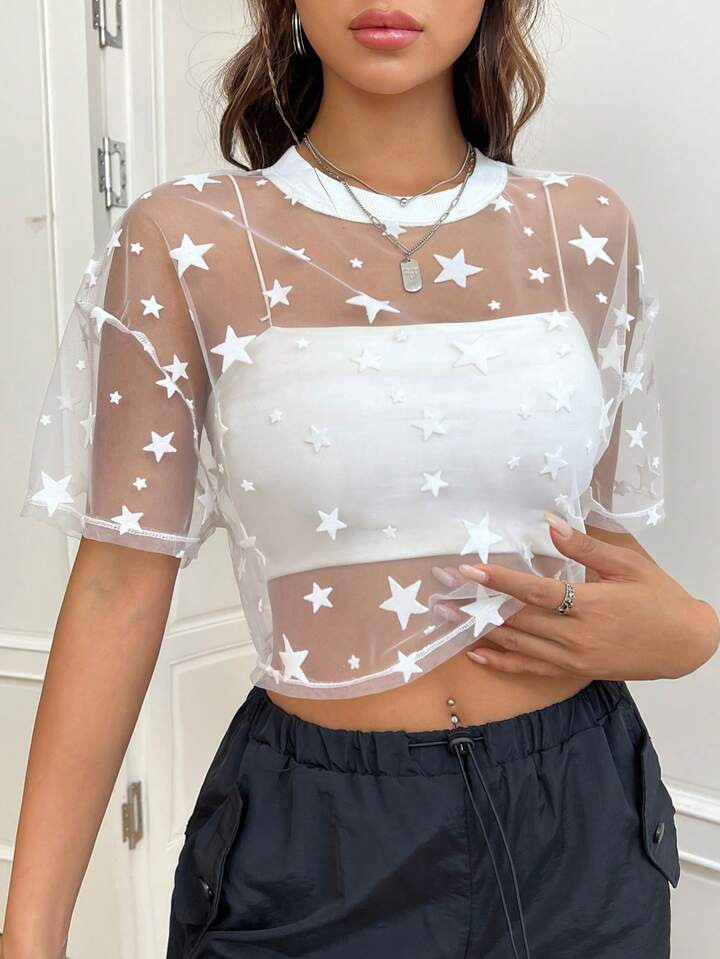 SHEIN EZwear Summer  Outfits Star Print Drop Shoulder Crop Mesh Top Without Camisole | SHEIN USA | SHEIN