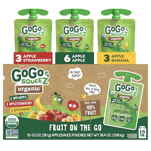 GoGo squeeZ Organic Applesauce and Fruit Puree, Variety Pack, Apple, Strawberry & Banana, 3.2 oz (Pack of 12), Unsweetened Organic Fruit Snacks for Kids, No Gluten, Nut & Dairy, BPA Free Pouches | Amazon (US)
