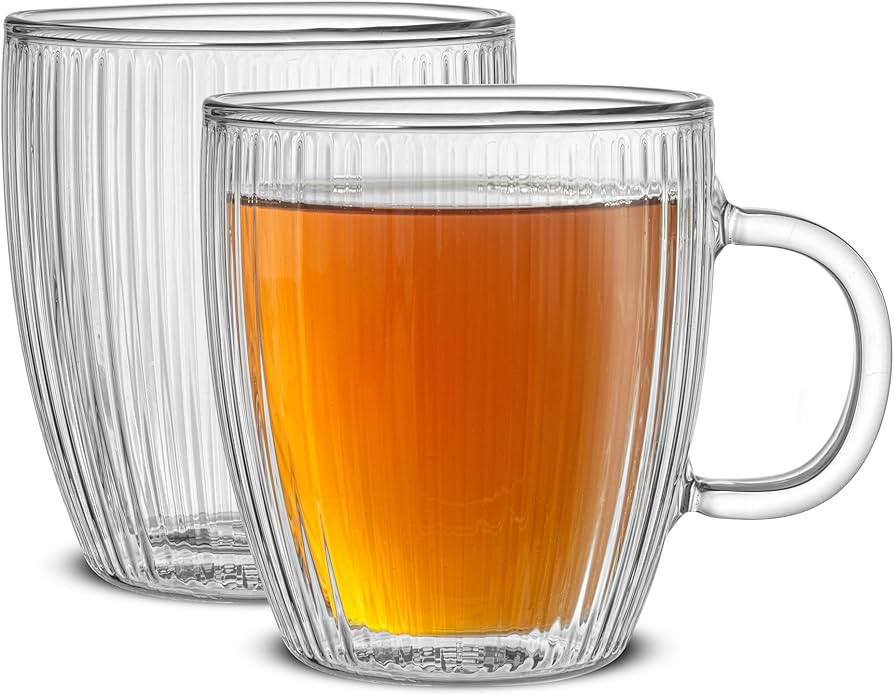 JoyJolt Fluted Glass Coffee Mugs, Double Wall Coffee Mugs. 13.5oz Clear Coffee Mug Set of 2. Latt... | Amazon (US)